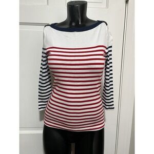 Womens Ralph Lauren Red White Blue Stripe 3/4 Sleeve Shirt Size Petite Small